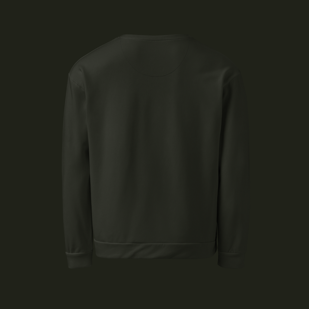 Back view of the Dornavyn recycled unisex sweatshirt in deep olive charcoal with long sleeves and a ribbed hem.