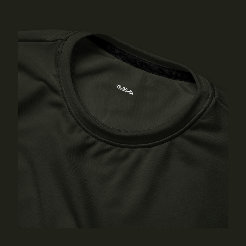 Close-up of the Dornavyn recycled sweatshirt neckline in deep olive charcoal, showing the crew neck stitching and TheKirtis inner neck print.