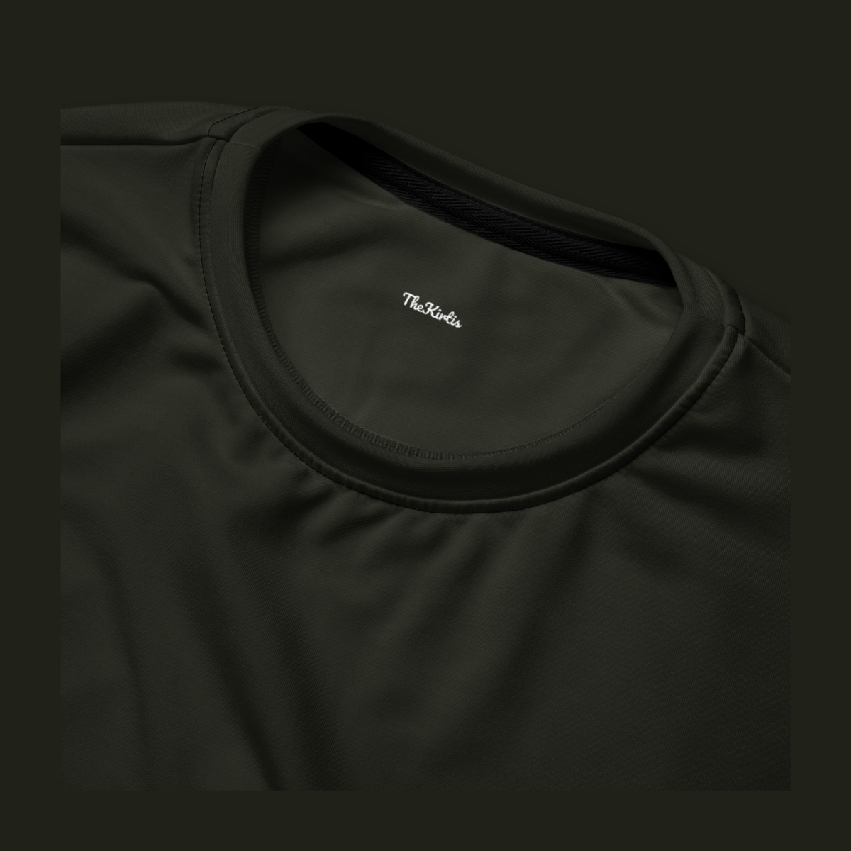Close-up of the Dornavyn recycled sweatshirt neckline in deep olive charcoal, showing the crew neck stitching and TheKirtis inner neck print.