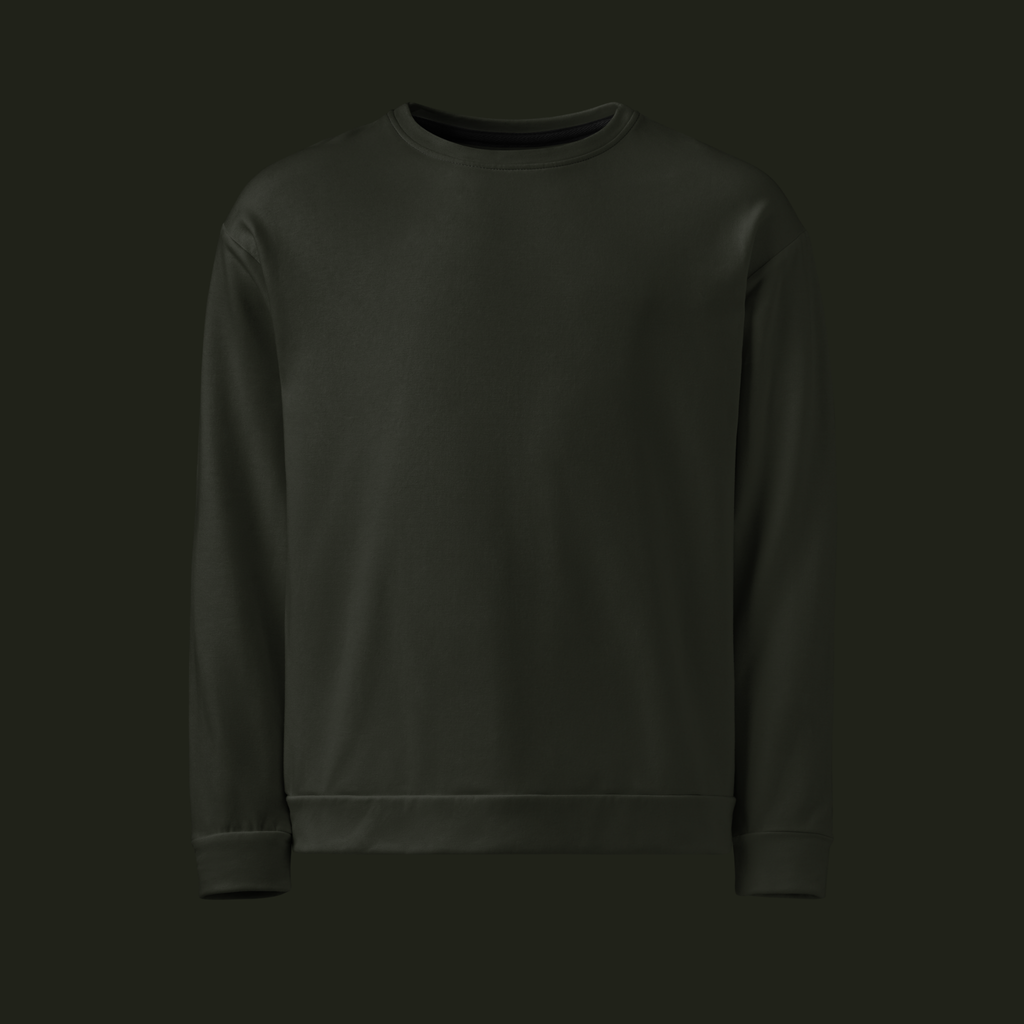 Front view of the Dornavyn recycled unisex sweatshirt in deep olive charcoal with a crew neck, long sleeves and ribbed cuffs and hem.