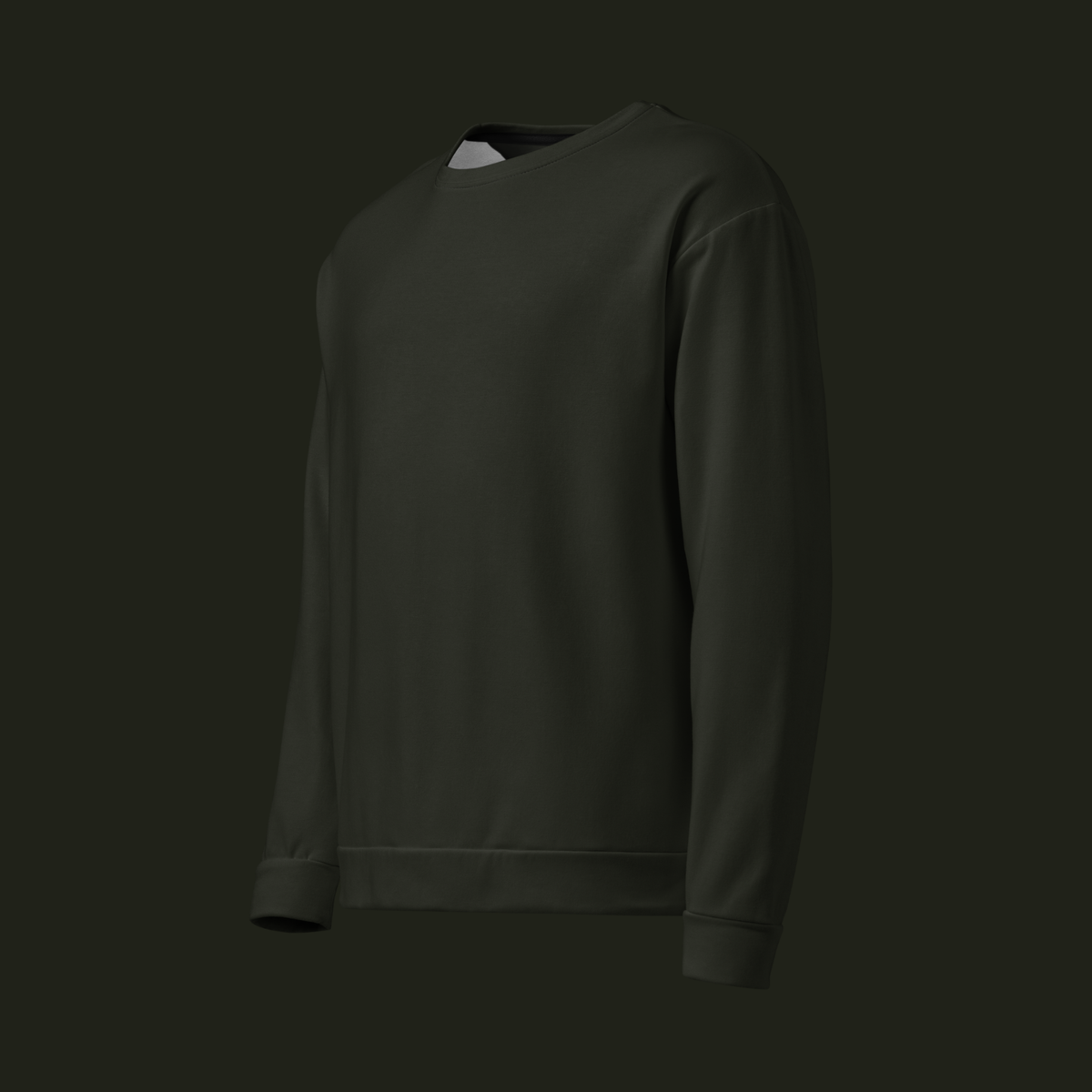 Left-front angled view of the Dornavyn recycled unisex sweatshirt in deep olive charcoal, showing the relaxed shape, long sleeves and ribbed finishes.