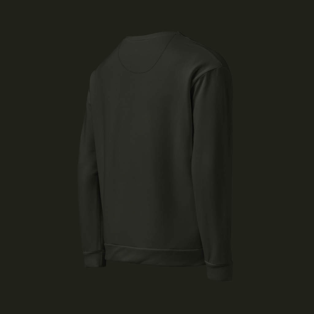 Right-back angled view of the Dornavyn recycled unisex sweatshirt in deep olive charcoal, showing the back, long sleeve and ribbed cuff.