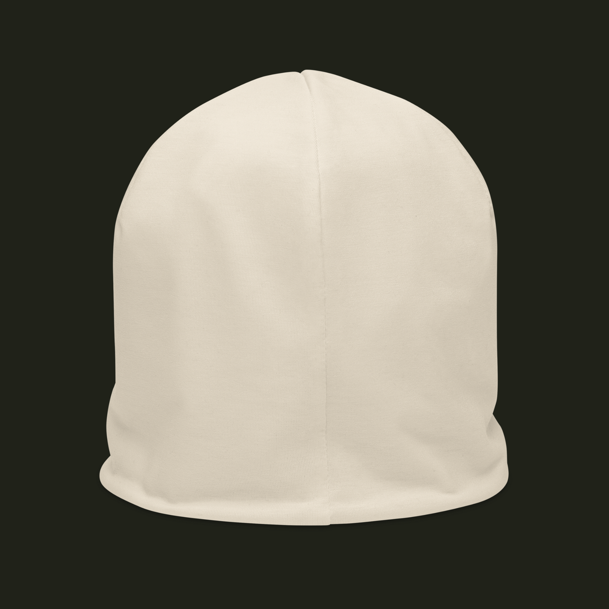 Elqavyn unisex beanie in a soft warm cream tone, shown from the back with a centred seam and clean minimal finish.