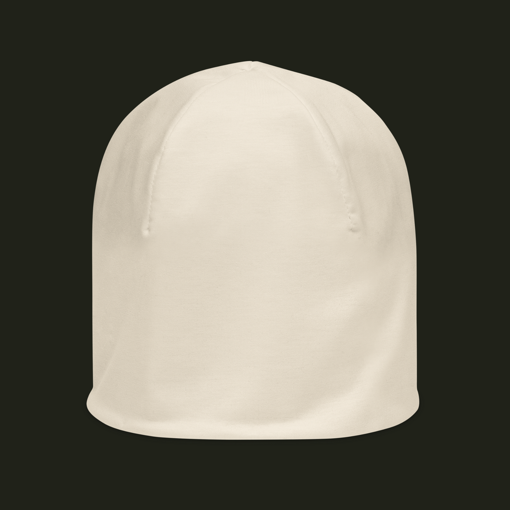 Elqavyn unisex beanie in a soft warm cream tone, shown from the front with a clean, minimal silhouette.