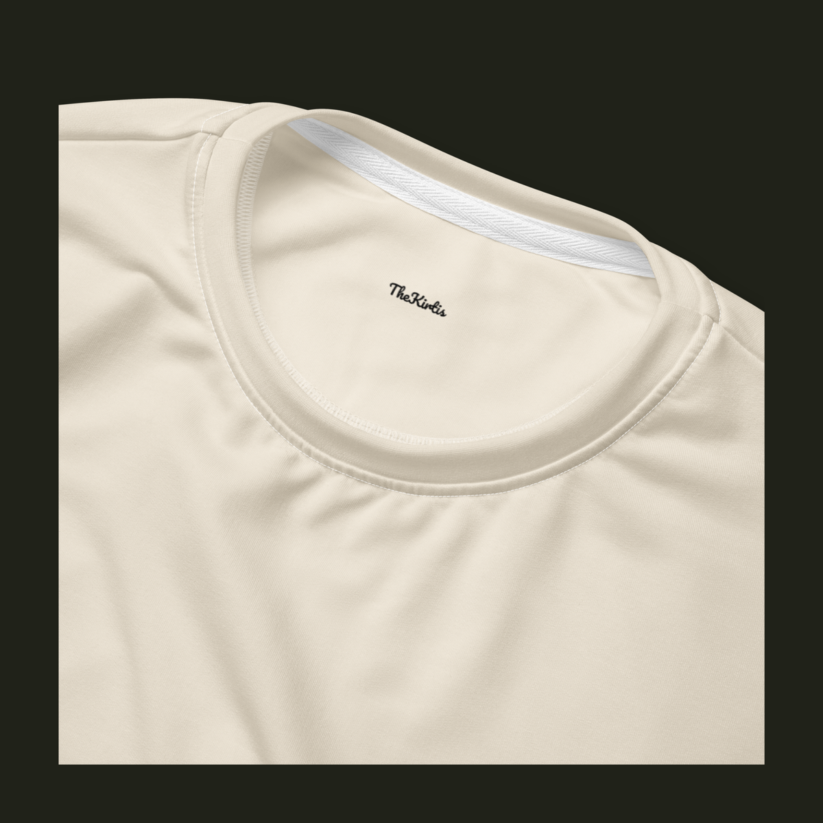 Close-up of the Elqavyn recycled sweatshirt neckline in warm ivory, showing the crew neck stitching and TheKirtis inner neck print.