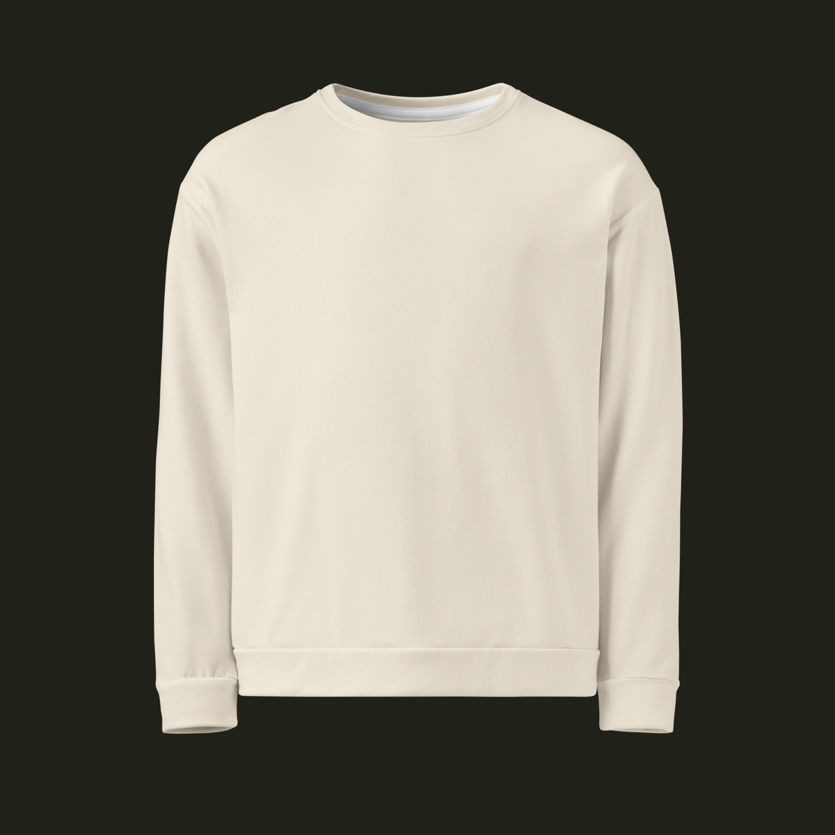 Front view of the Elqavyn recycled unisex sweatshirt in a warm ivory tone with a crew neck, long sleeves and ribbed cuffs and hem.