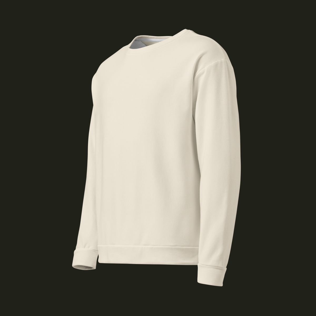 Left-front angled view of the Elqavyn recycled unisex sweatshirt in warm ivory, showing the relaxed shape, long sleeves and ribbed finishes.