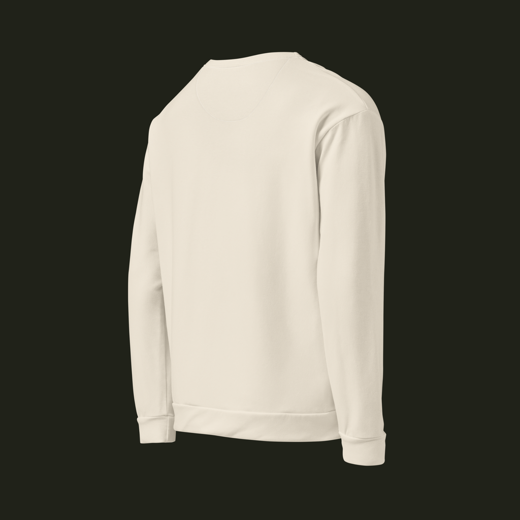 Right-back angled view of the Elqavyn recycled unisex sweatshirt in warm ivory, showing the back, long sleeve and ribbed cuff.
