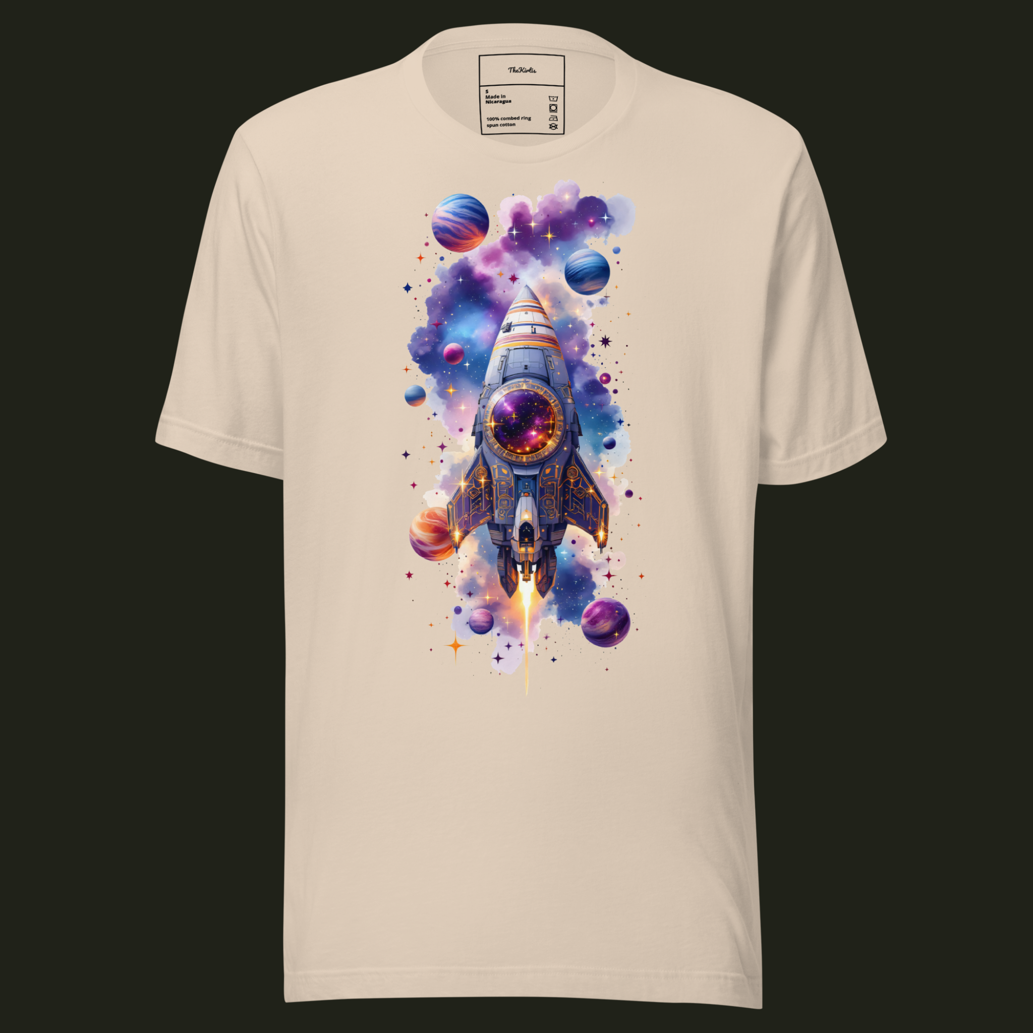 Eternal Voyage unisex t-shirt in soft cream featuring a spacecraft travelling through a colourful galaxy with stars and planets.