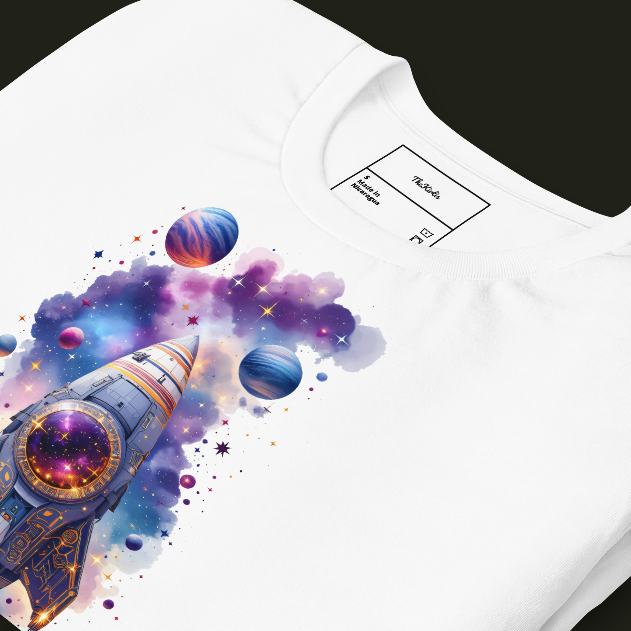 Close-up of the Eternal Voyage artwork on a white unisex t-shirt showing the spacecraft, stars and nearby planets.