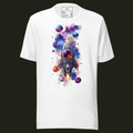 Eternal Voyage unisex t-shirt in white featuring a spacecraft travelling through a colourful galaxy with stars and planets.