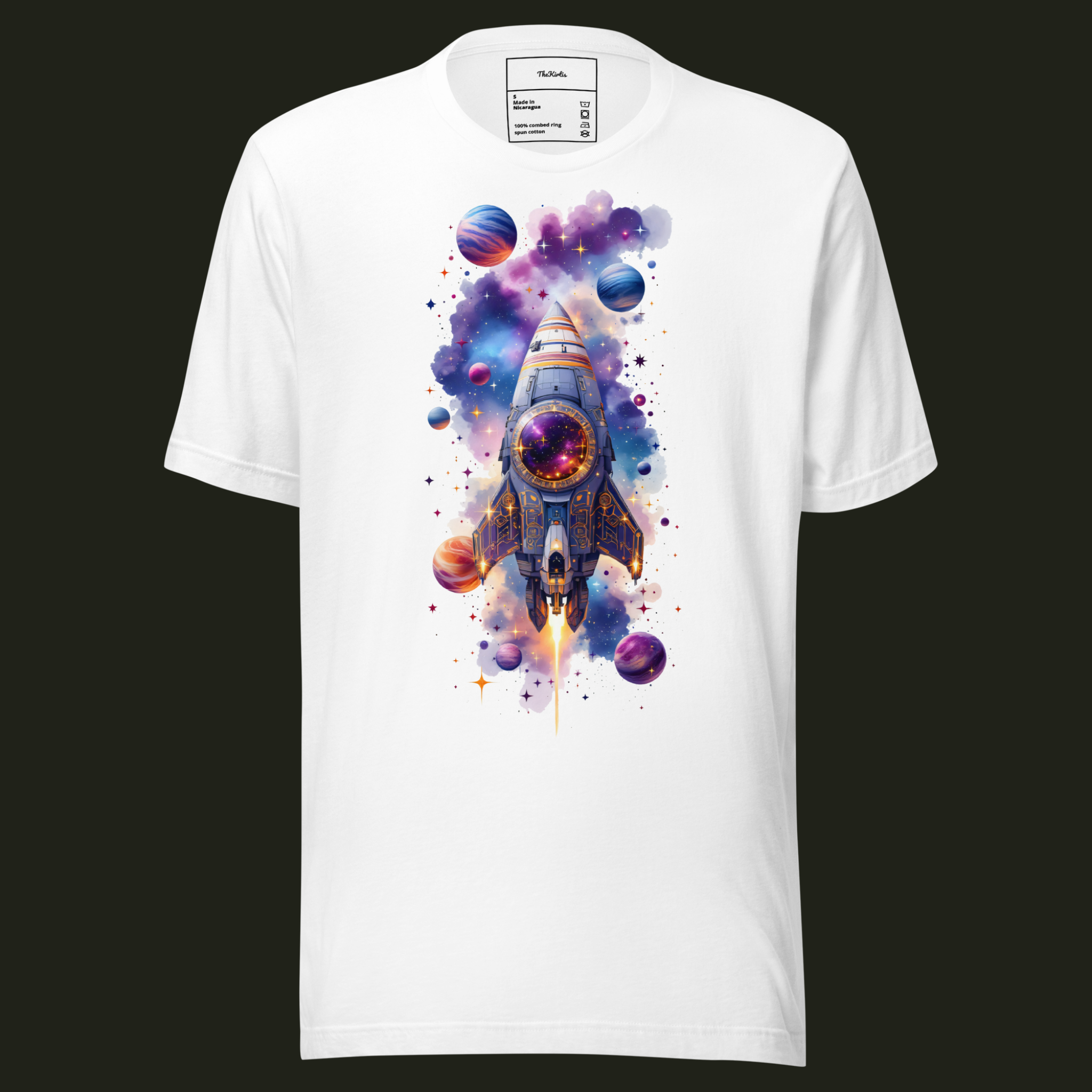 Eternal Voyage unisex t-shirt in white featuring a spacecraft travelling through a colourful galaxy with stars and planets.