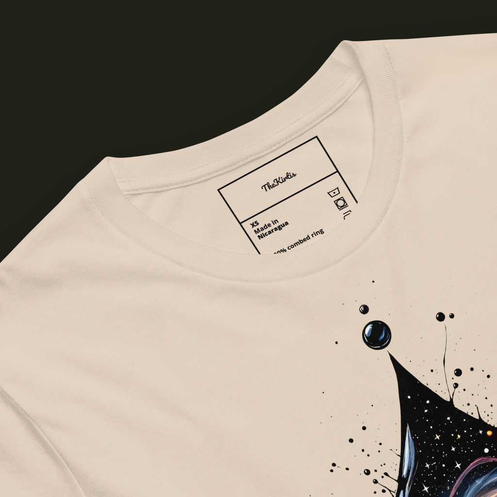 Close-up of the Galactic Ink artwork on a soft cream unisex t-shirt showing the spiral galaxy and planets inside the black ink drop.
