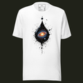 Galactic Ink unisex t-shirt in white featuring a black ink drop containing a spiral galaxy, stars and planets.