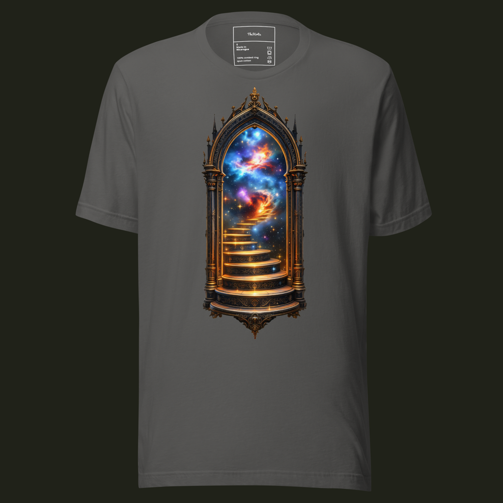 Galaxy Gateway unisex t-shirt in asphalt featuring an ornate gateway with a golden staircase leading into a galaxy.