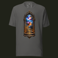 Galaxy Gateway unisex t-shirt in asphalt featuring an ornate gateway with a golden staircase leading into a galaxy.