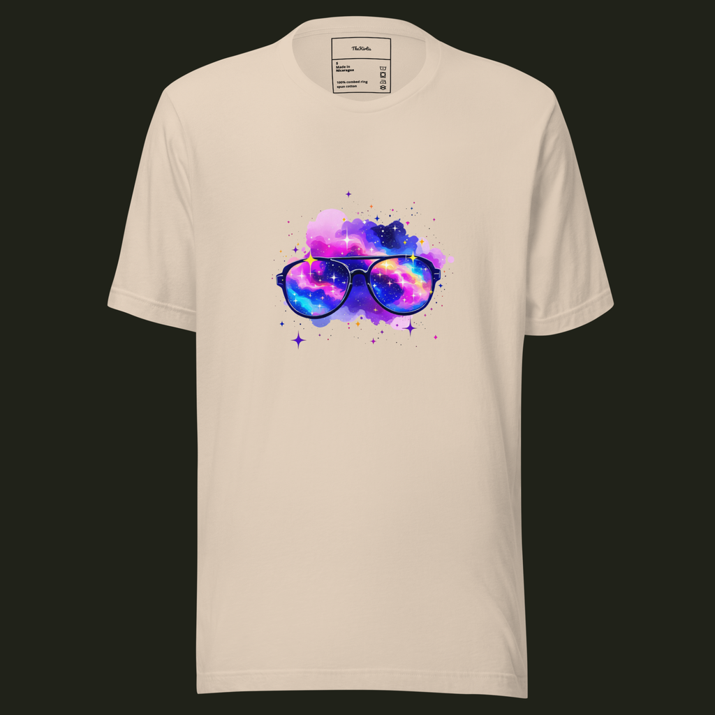 Galaxy Glasses unisex t-shirt in soft cream featuring glasses with colourful galaxy lenses surrounded by stars and vibrant nebula clouds.