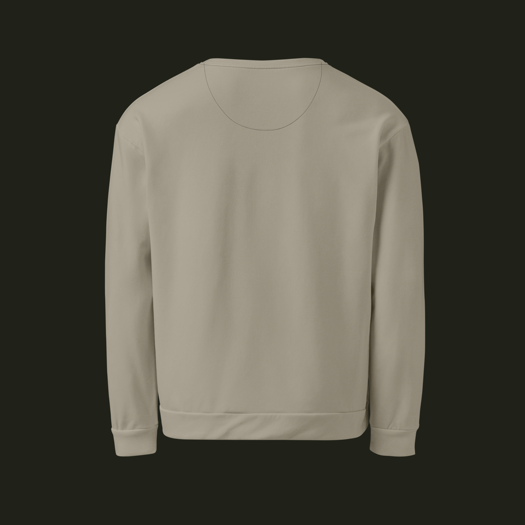Back view of the Lumeriqen recycled unisex sweatshirt in a soft stone-beige tone with long sleeves and a ribbed hem.
