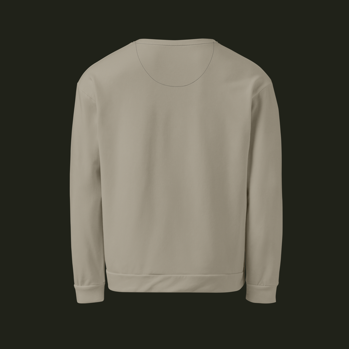 Back view of the Lumeriqen recycled unisex sweatshirt in a soft stone-beige tone with long sleeves and a ribbed hem.