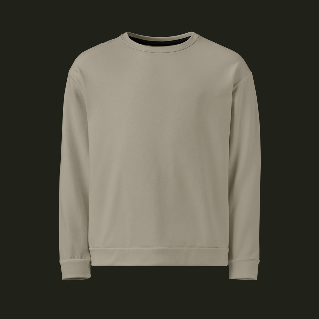 Front view of the Lumeriqen recycled unisex sweatshirt in a soft stone-beige tone with a crew neck, long sleeves and ribbed cuffs and hem.