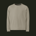 Front view of the Lumeriqen recycled unisex sweatshirt in a soft stone-beige tone with a crew neck, long sleeves and ribbed cuffs and hem.