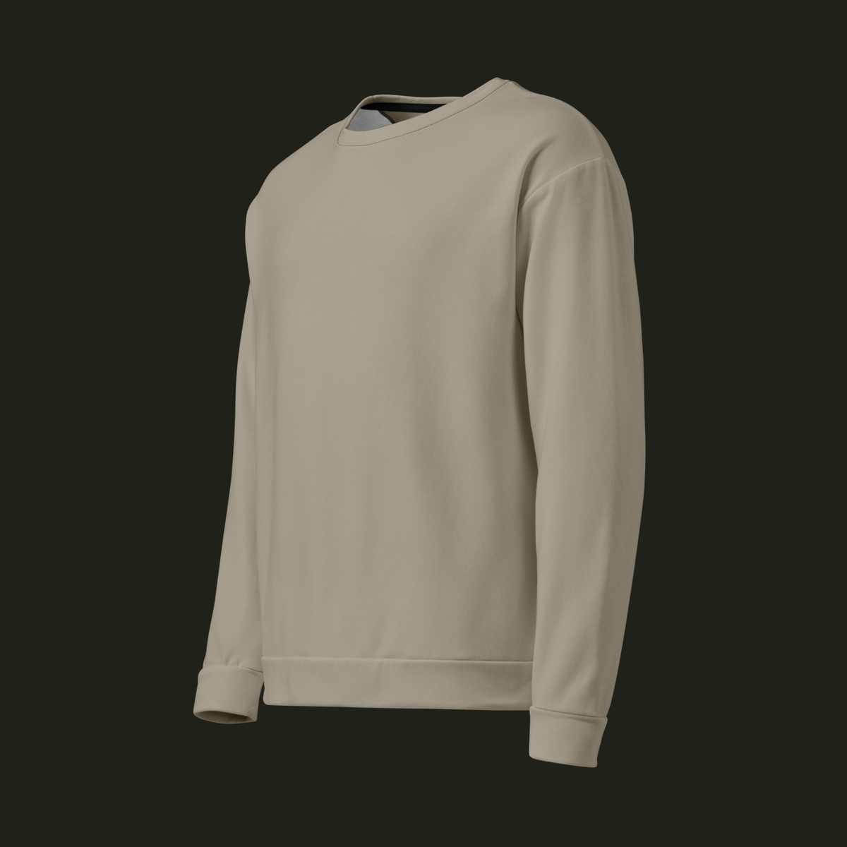 Left-front angled view of the Lumeriqen recycled unisex sweatshirt in soft stone-beige, showing the relaxed shape, long sleeves and ribbed finishes.