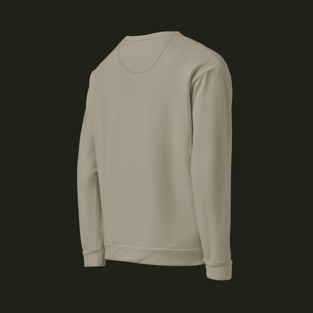 Right-back angled view of the Lumeriqen recycled unisex sweatshirt in soft stone-beige, showing the back, long sleeve and ribbed cuff.