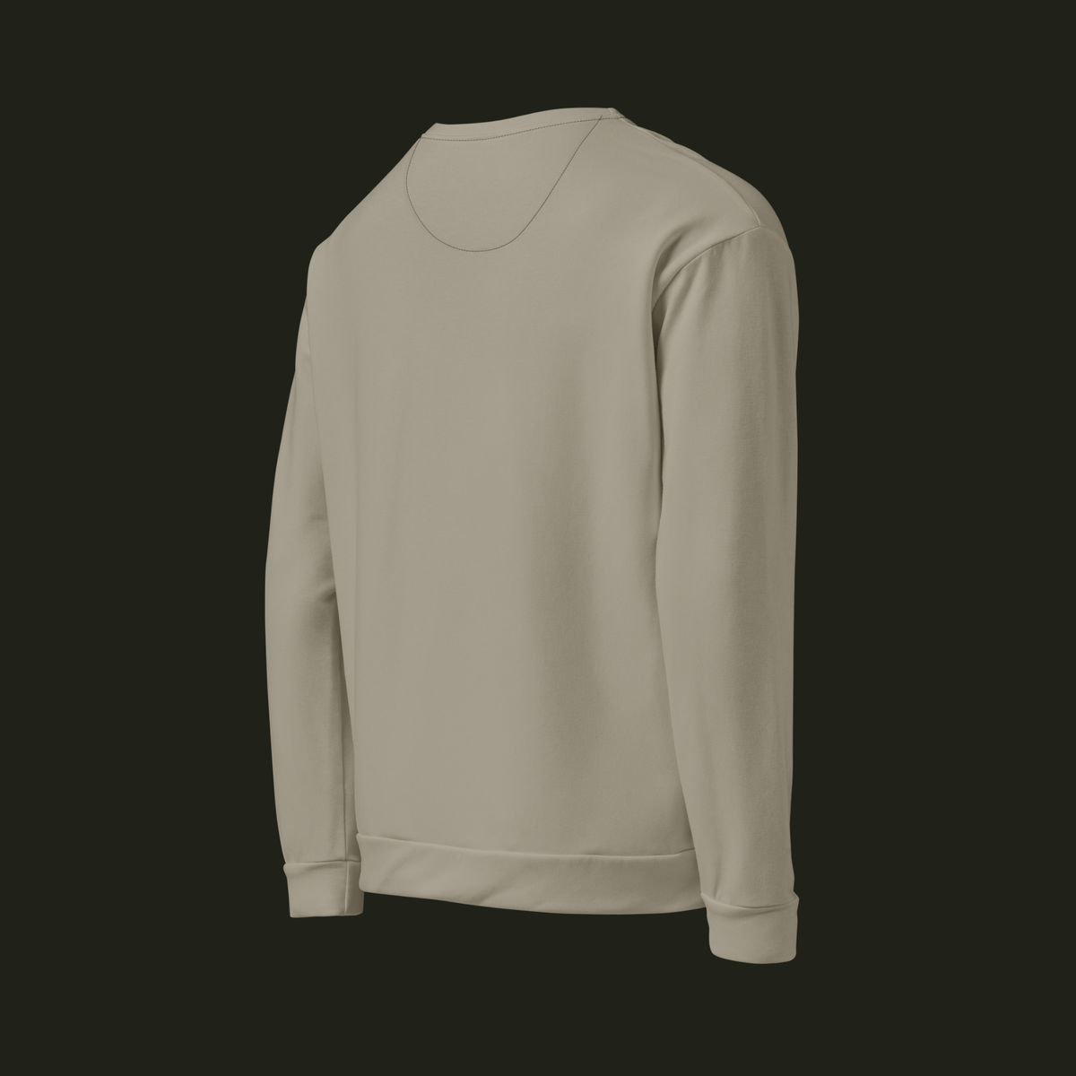 Right-back angled view of the Lumeriqen recycled unisex sweatshirt in soft stone-beige, showing the back, long sleeve and ribbed cuff.