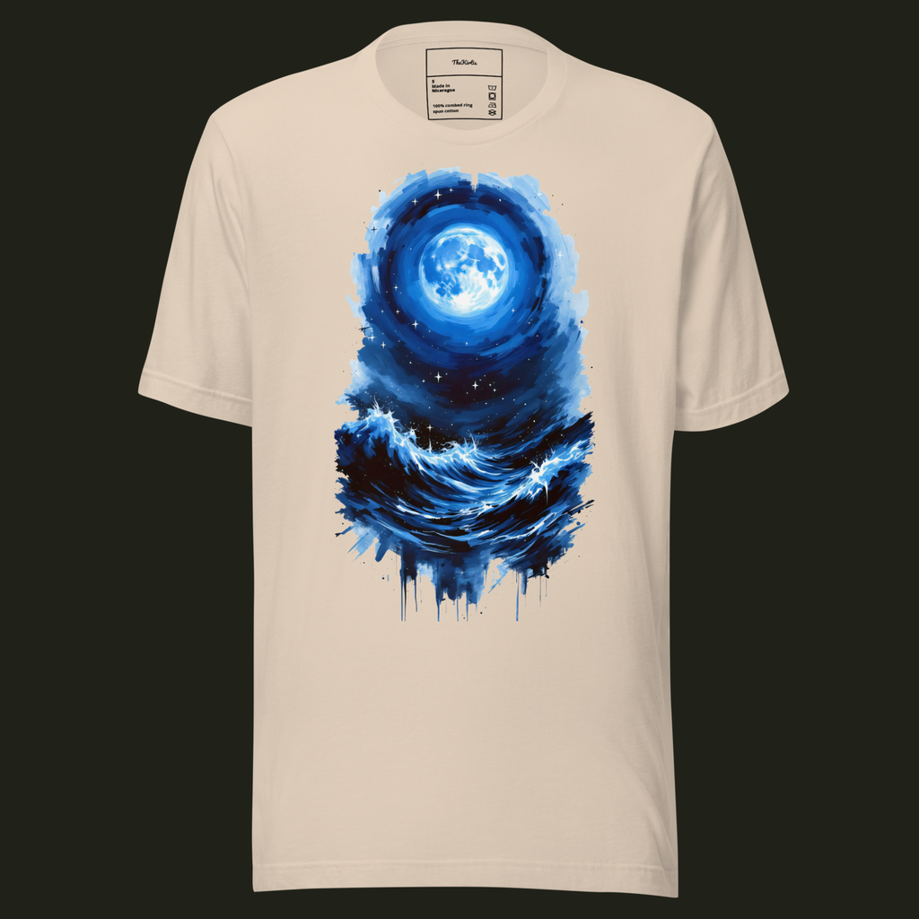 Lunar Tide unisex t-shirt in soft cream featuring a luminous blue full moon above rolling ocean waves beneath a star-filled night sky.