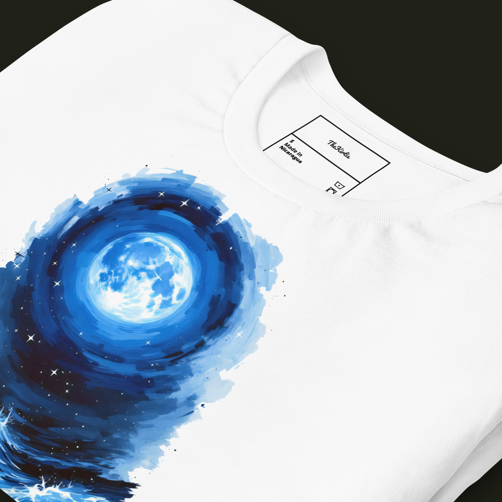 Close-up of the Lunar Tide artwork on a white unisex t-shirt highlighting the luminous blue full moon and surrounding night sky.