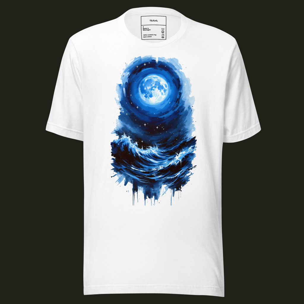 Lunar Tide unisex t-shirt in white featuring a luminous blue full moon above rolling ocean waves beneath a star-filled night sky.