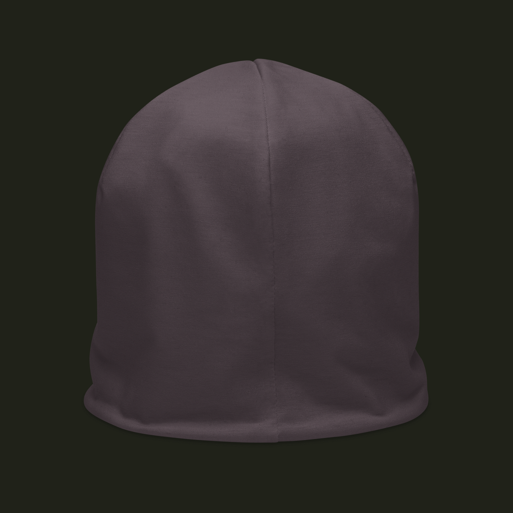 Myrqalen unisex beanie in a muted mauve taupe tone, shown from the back with a centred seam and clean minimal finish.