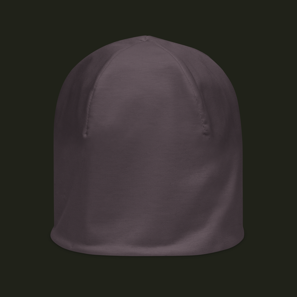Myrqalen unisex beanie in a muted mauve taupe tone, shown from the front with a clean, minimal silhouette.