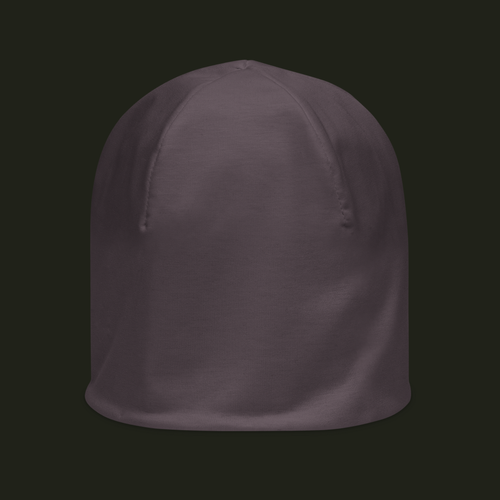 Myrqalen unisex beanie in a muted mauve taupe tone, shown from the front with a clean, minimal silhouette.