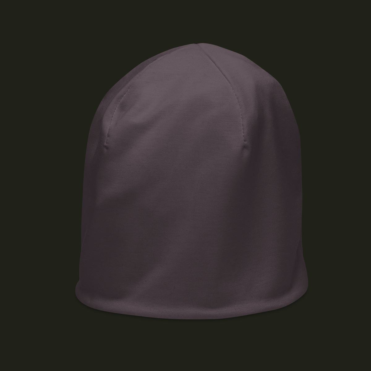 Myrqalen unisex beanie in a muted mauve taupe tone, shown from the left front with curved crown seams and a smooth finish.