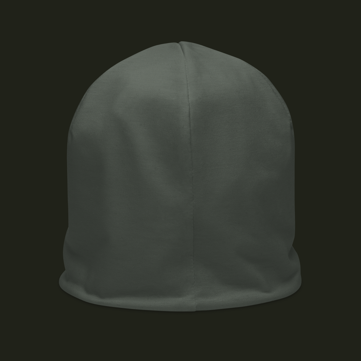 Nalqevyn unisex beanie in a muted olive grey tone, shown from the back with a centred seam and clean minimal finish.