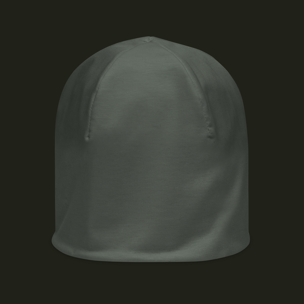 Nalqevyn unisex beanie in a muted olive grey tone, shown from the front with a clean, minimal silhouette.