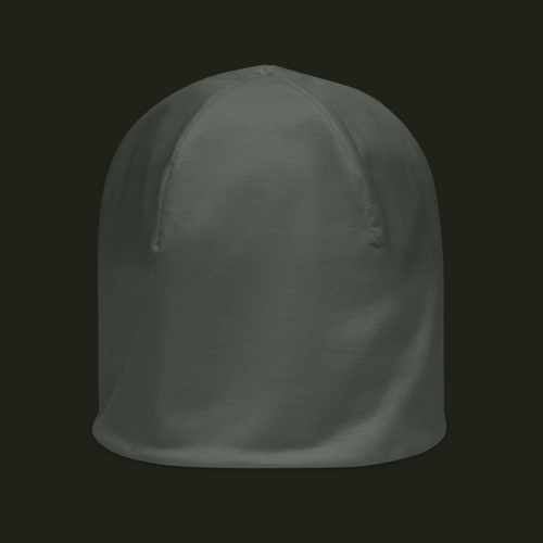 Nalqevyn unisex beanie in a muted olive grey tone, shown from the front with a clean, minimal silhouette.