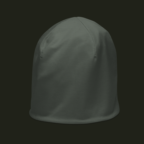 Nalqevyn unisex beanie in a muted olive grey tone, shown from the left front with curved crown seams and a smooth finish.