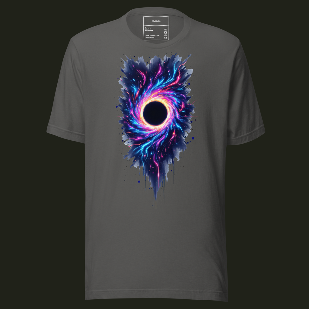 Neon Vortex unisex t-shirt in asphalt featuring a black hole surrounded by swirling blue, pink and purple neon light.