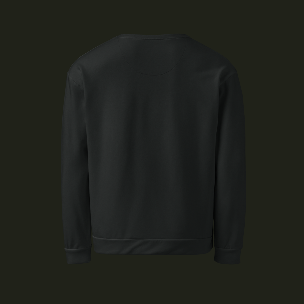 Back view of the Norev recycled unisex sweatshirt in a near-black charcoal tone with long sleeves and a ribbed hem.