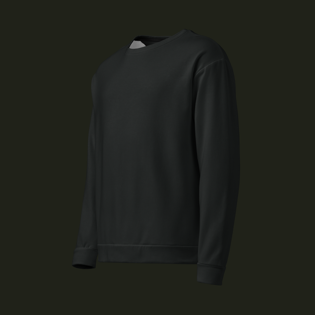 Left-front angled view of the Norev recycled unisex sweatshirt in near-black charcoal, showing the relaxed shape, long sleeves and ribbed finishes.