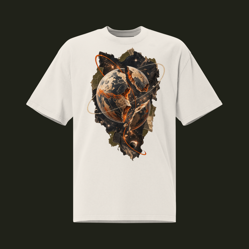 Faded Bone unisex oversized graphic T-shirt featuring the Orbital Rupture design with a fractured planet, glowing fissures and orbital rings.