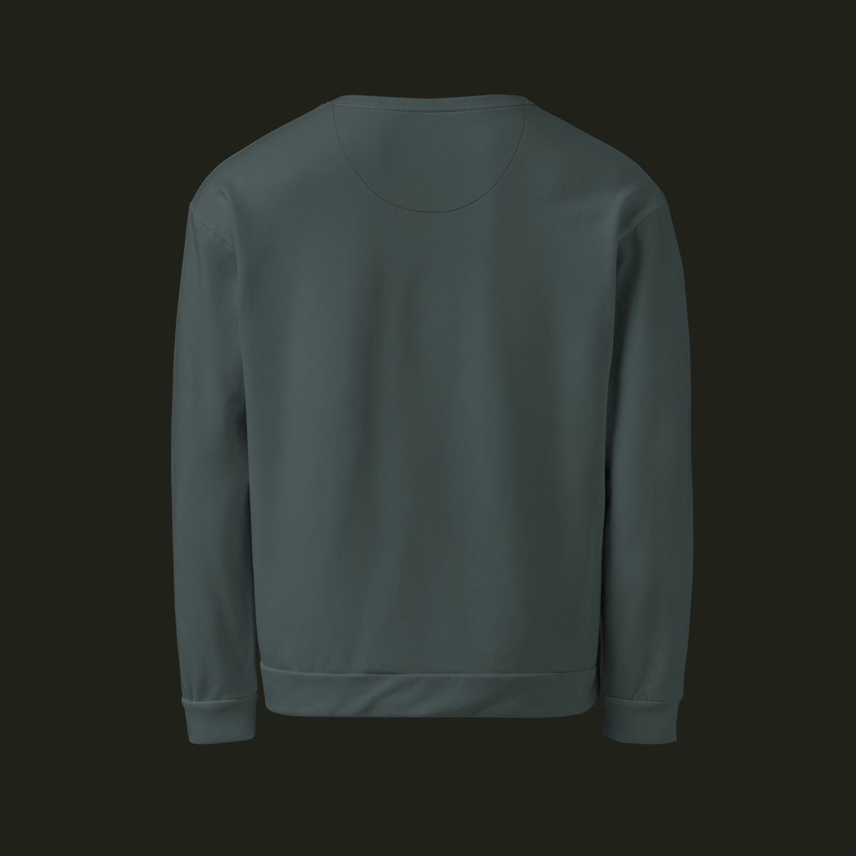 Back view of the Orenvyr recycled unisex sweatshirt in deep muted teal with long sleeves and a ribbed hem.