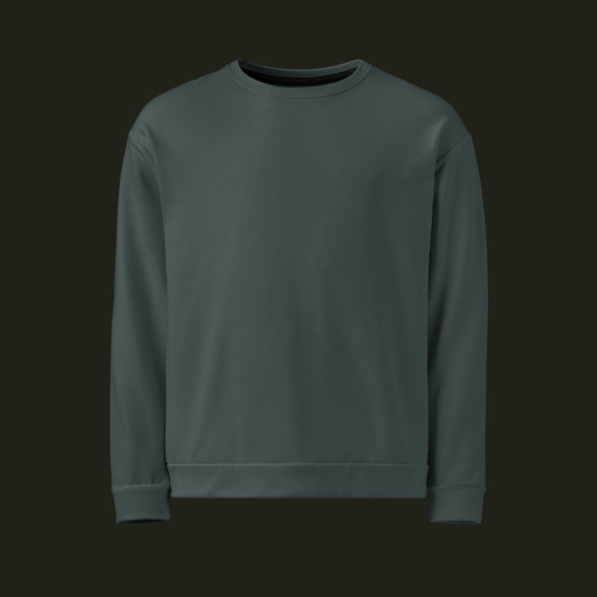 Front view of the Orenvyr recycled unisex sweatshirt in deep muted teal with a crew neck, long sleeves and ribbed cuffs and hem.