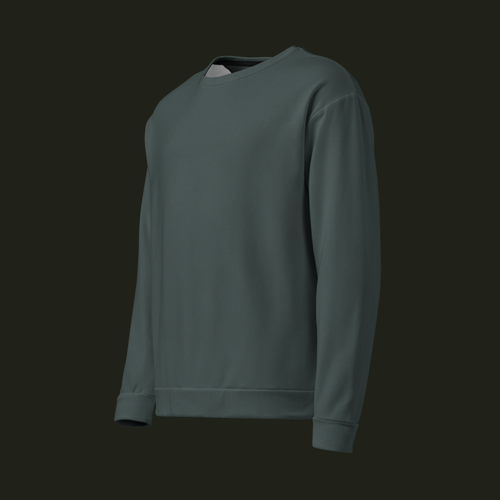 Left-front angled view of the Orenvyr recycled unisex sweatshirt in deep muted teal, showing the relaxed shape, long sleeves and ribbed finishes.