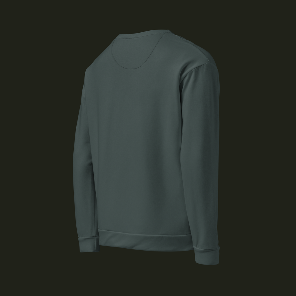 Right-back angled view of the Orenvyr recycled unisex sweatshirt in deep muted teal, showing the back, long sleeve and ribbed cuff.
