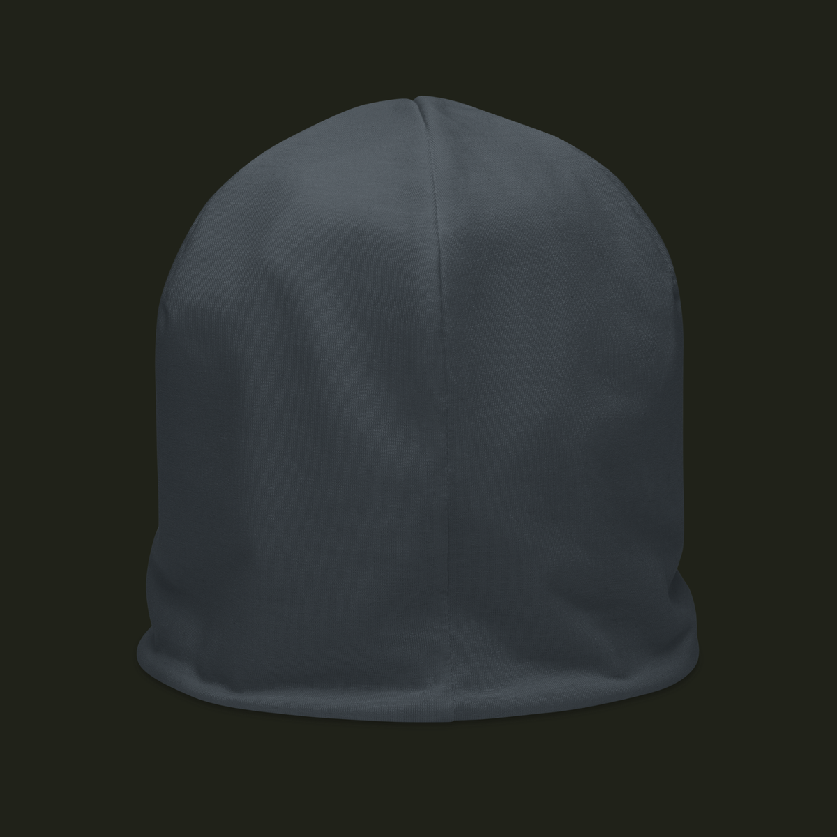 Orvelqen unisex beanie in a muted slate blue-grey tone, shown from the back with a centred seam and clean minimal finish.