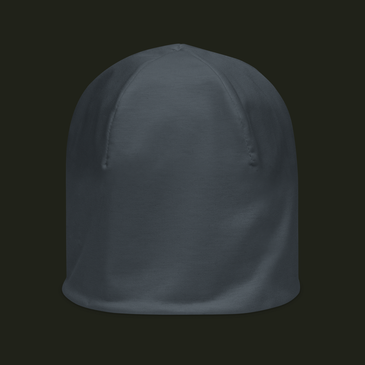 Orvelqen unisex beanie in a muted slate blue-grey tone, shown from the front with a clean, minimal silhouette.