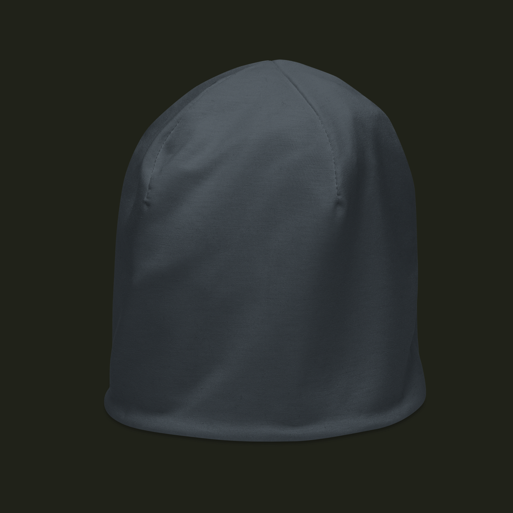 Orvelqen unisex beanie in a muted slate blue-grey tone, shown from the left front with curved crown seams and a smooth finish.